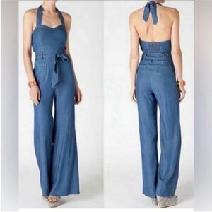 Anthropologie Elevenses Denim Blue Sharlene Halter Jumpsuit Size 6